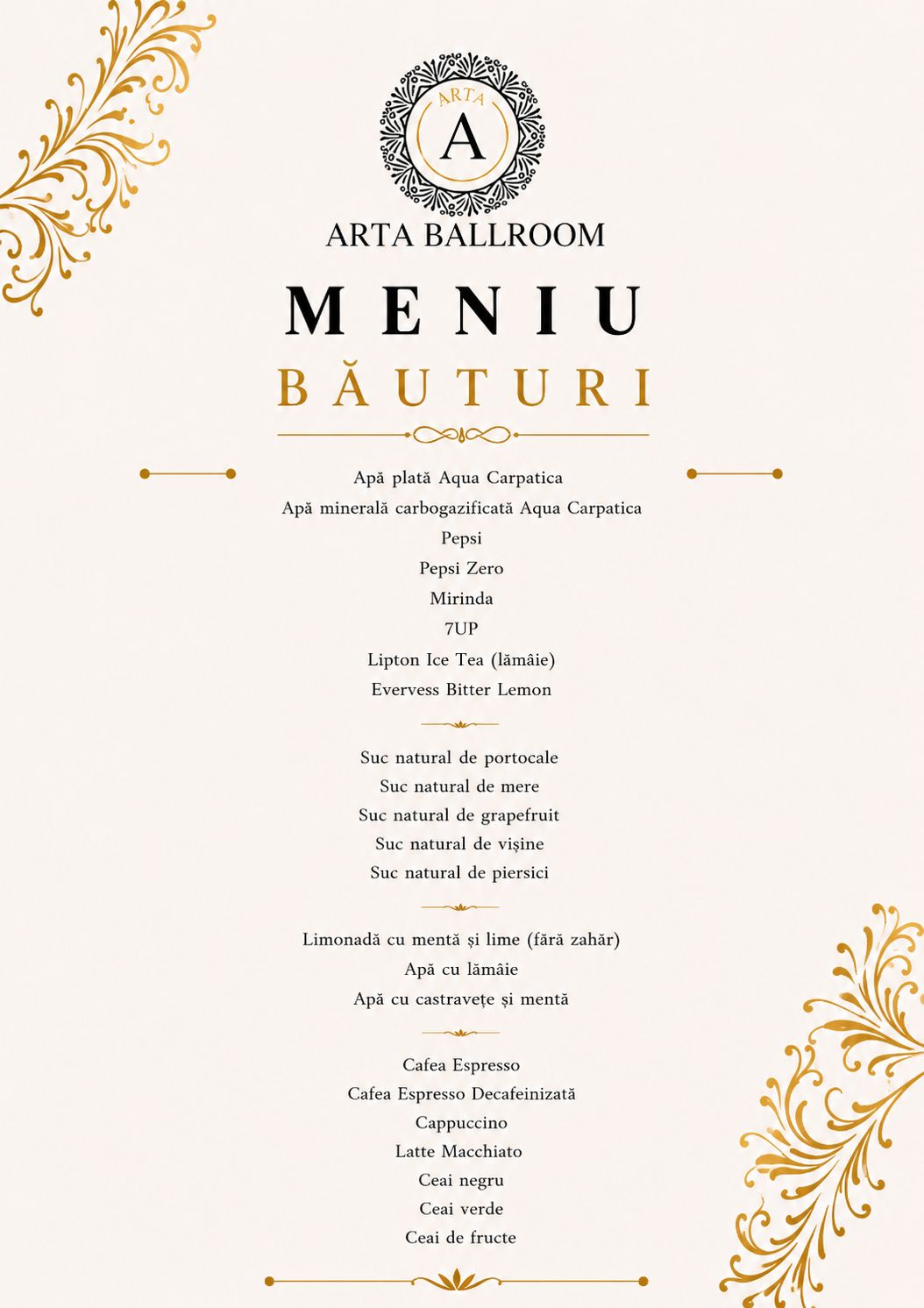 Planșă băuturi incluse — Arta Ballroom