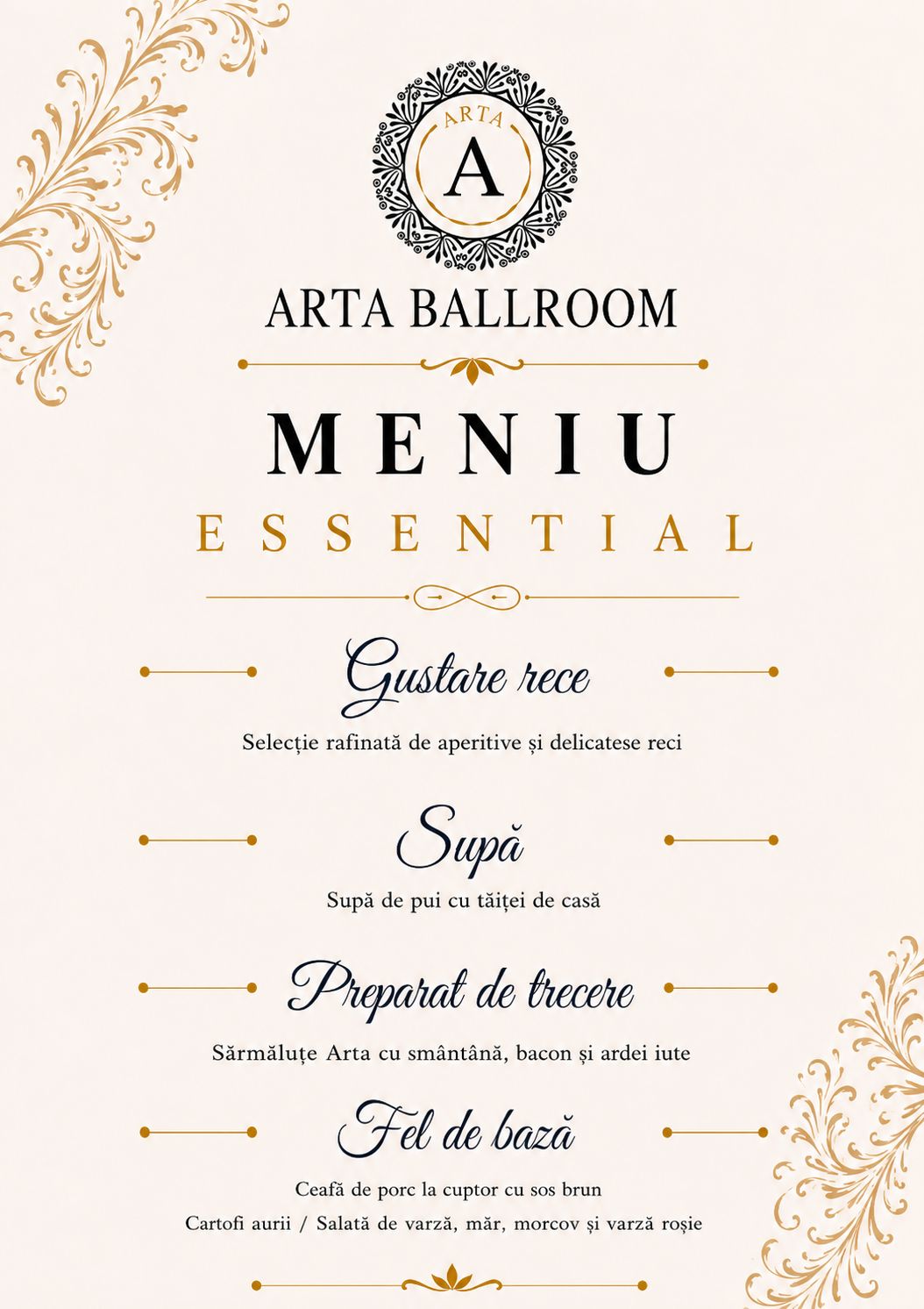 Planșă Meniu Essential — Arta Ballroom