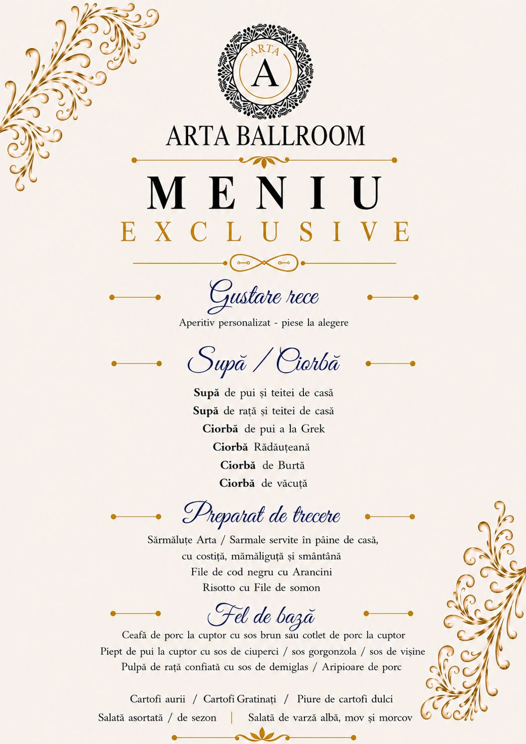 Planșă Meniu Exclusive — Arta Ballroom