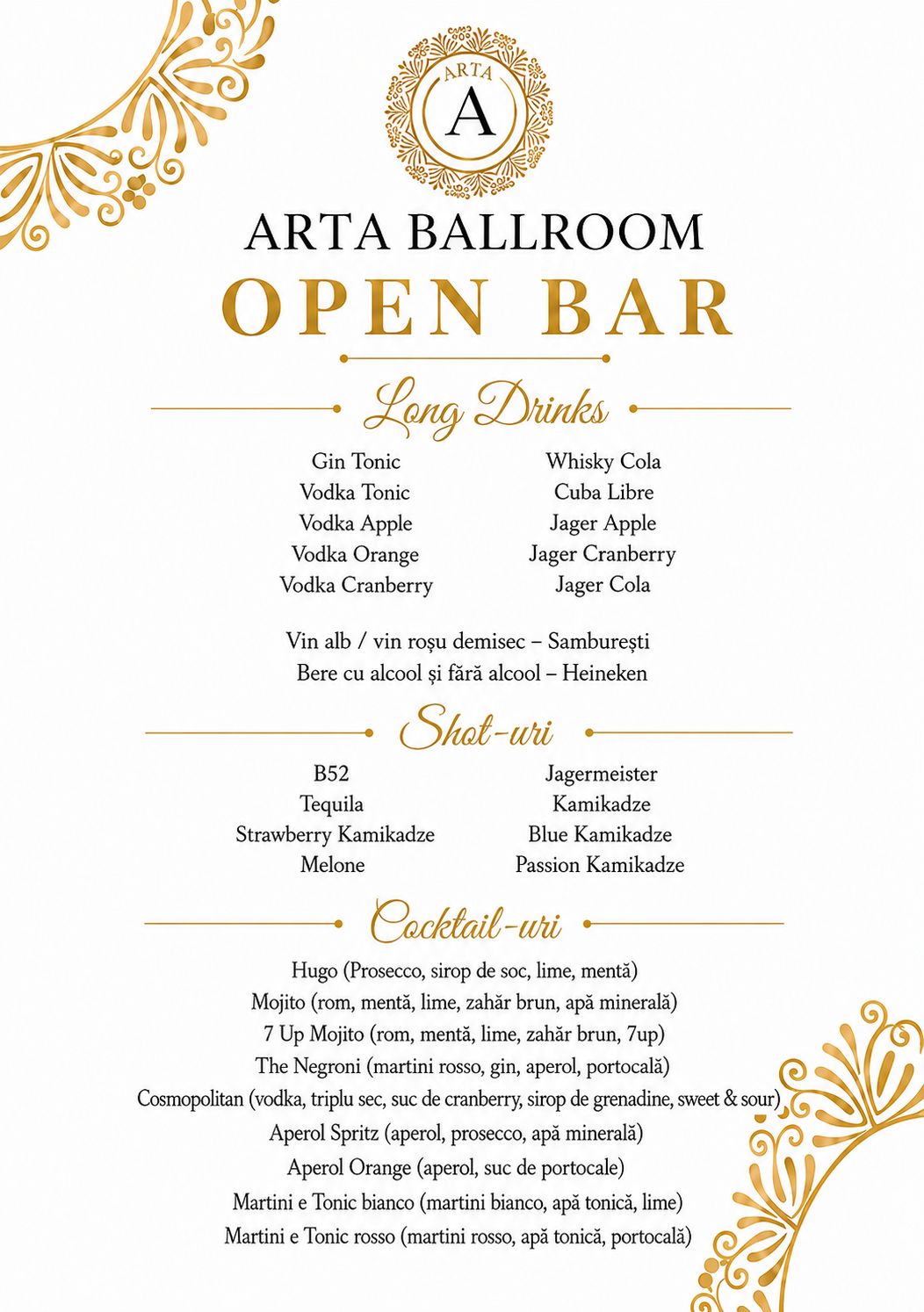 Planșă Open Bar Platinum — Arta Ballroom