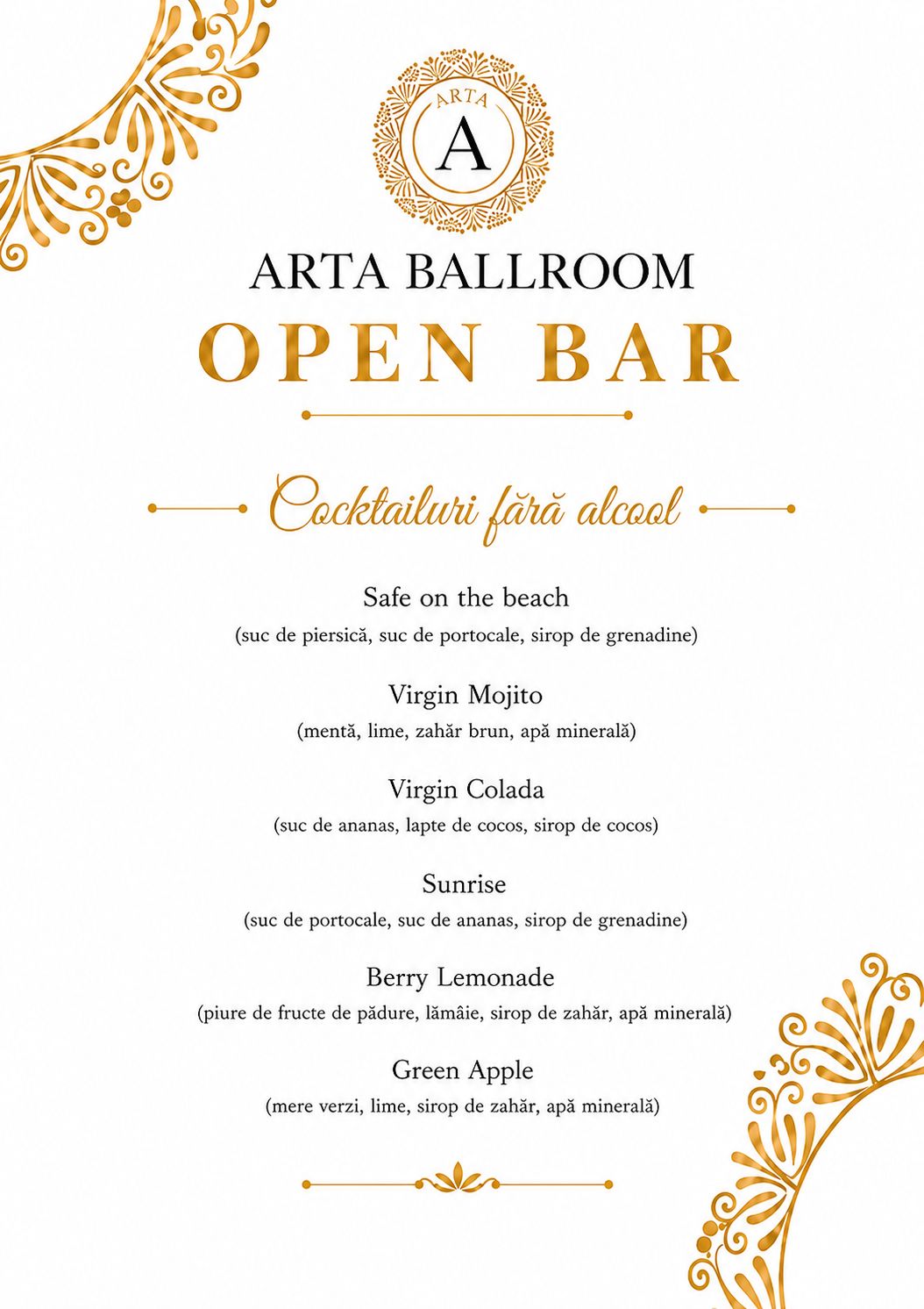 Planșă cocktailuri fără alcool — Arta Ballroom