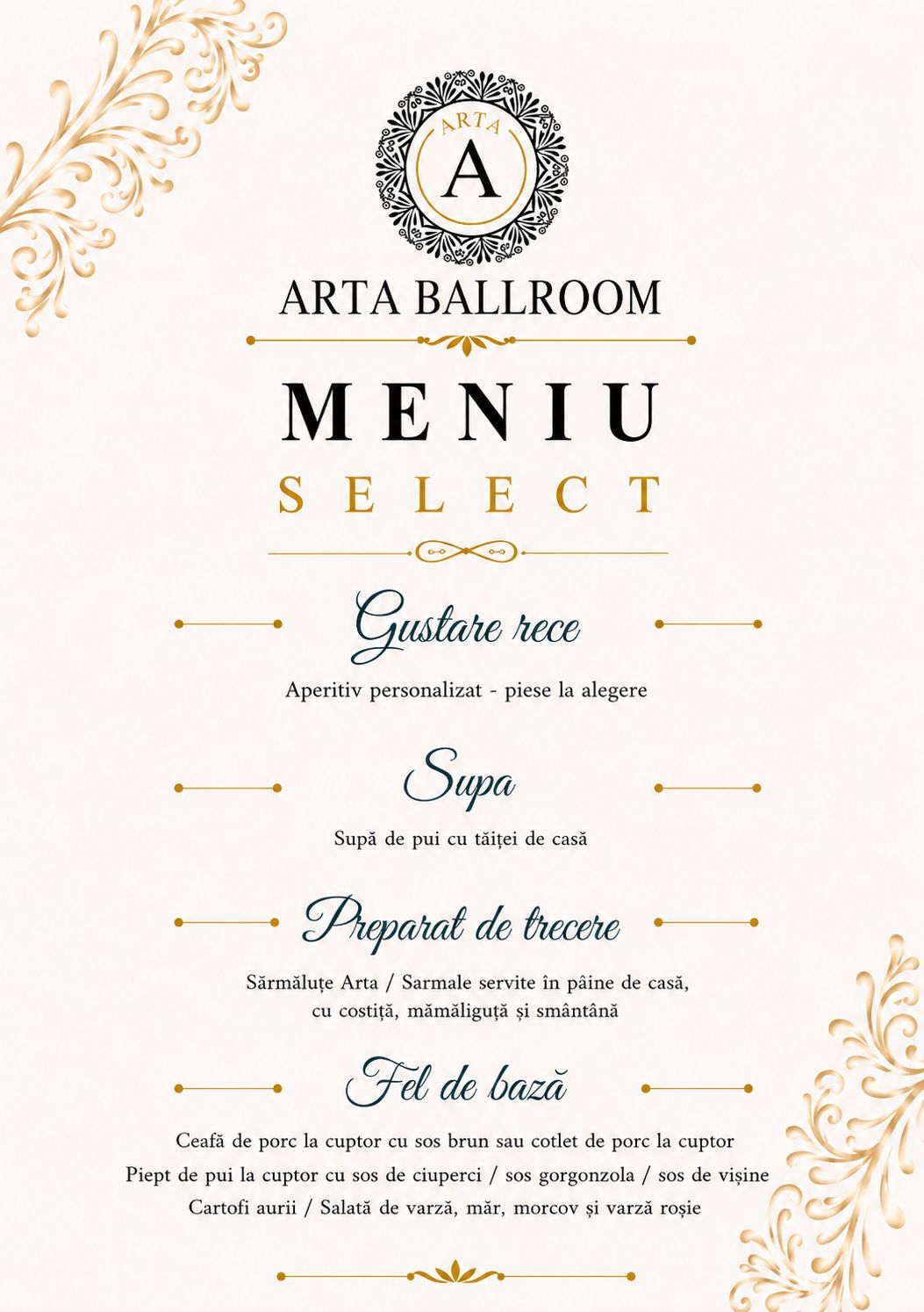 Planșă Meniu Select — Arta Ballroom